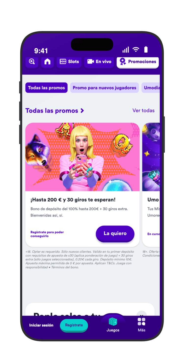 Sección de promociones de Casumo con el bono de bienvenida de casino de hasta 200 euros y 30 giros extra