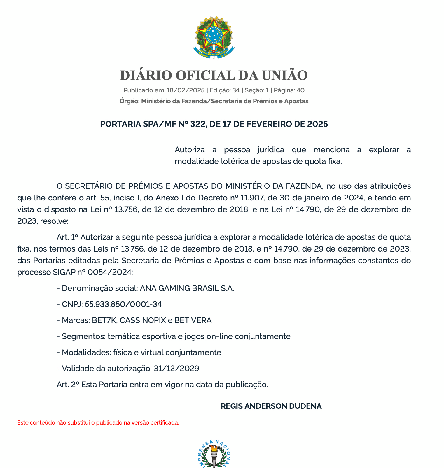 A portária que autorizou Cassino.bet no Brasil