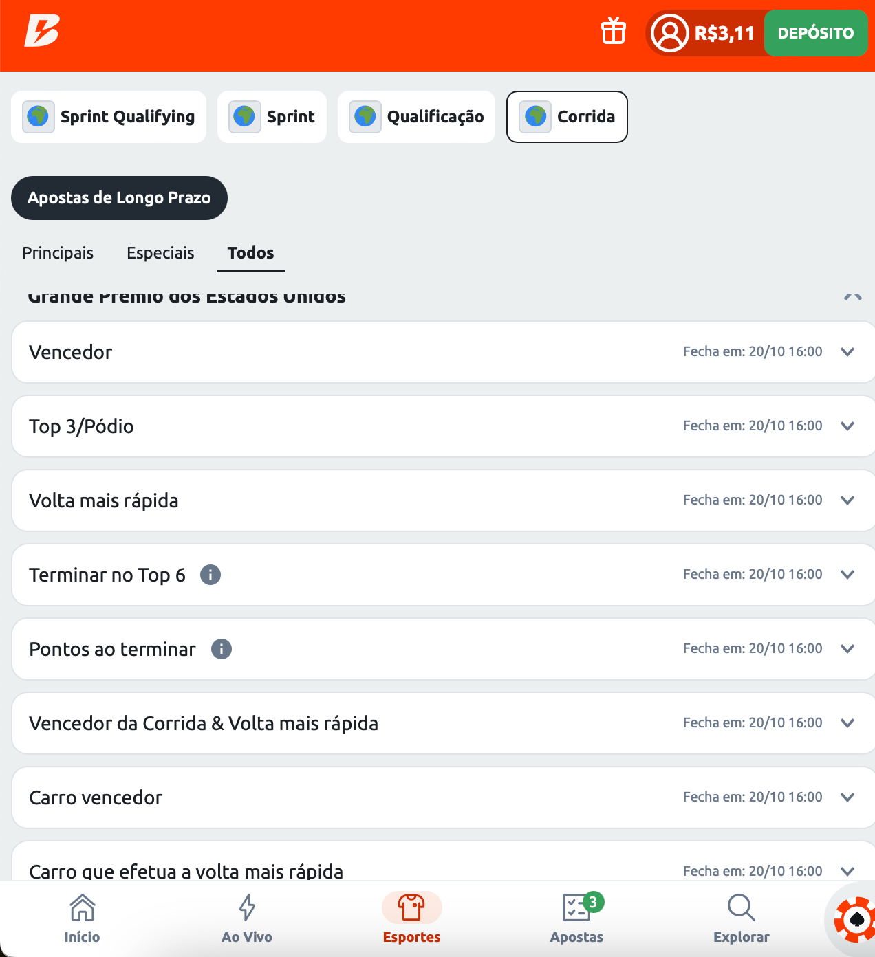 Apostas em Fórmula 1 na Betano