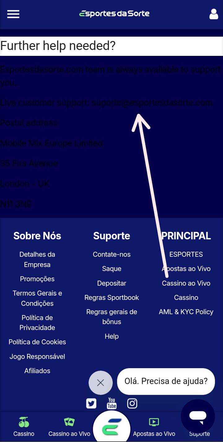 Suporte Esportes da Sorte via E-mail.