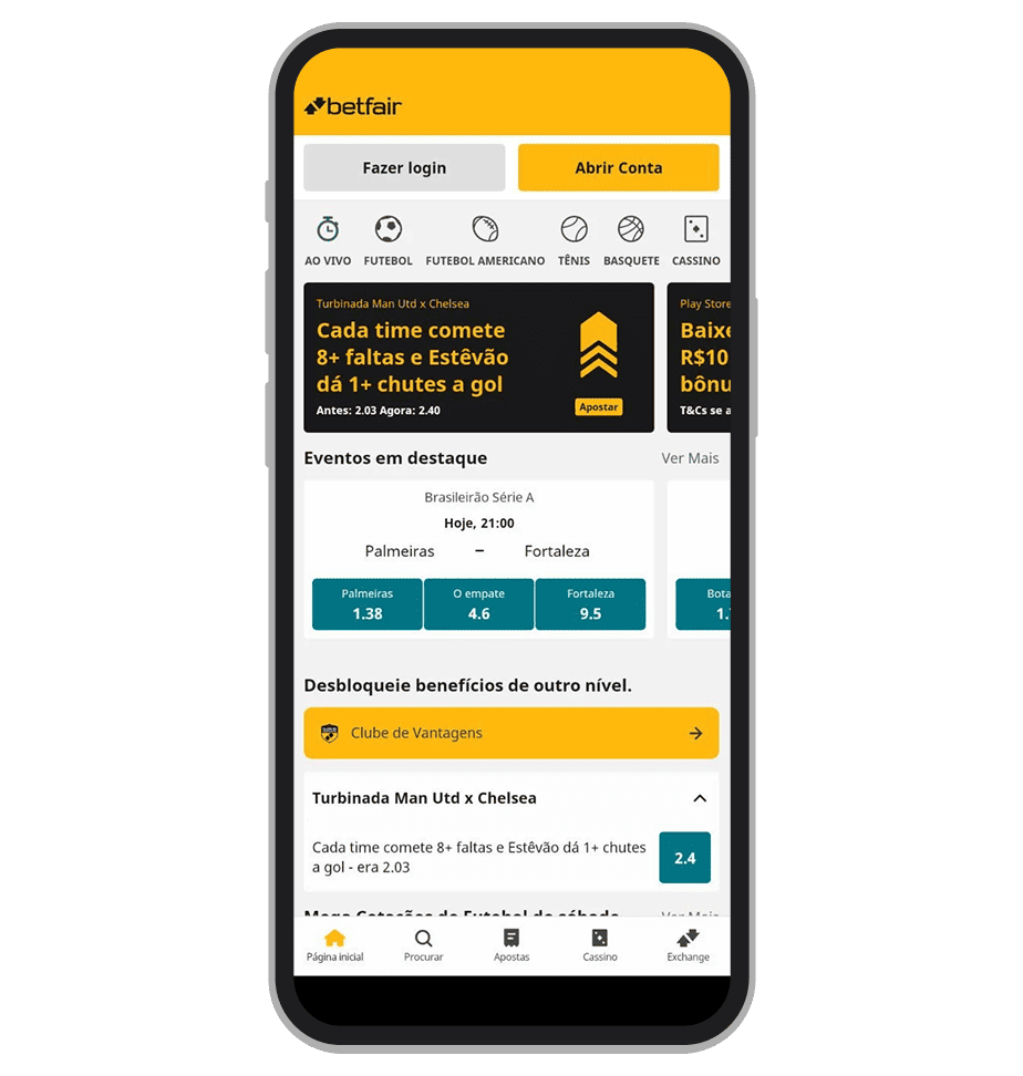 A tela inicial do aplicativo Betfair
