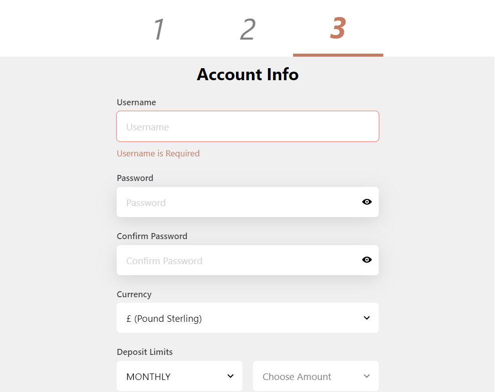 Pick a username, password, and deposit limit