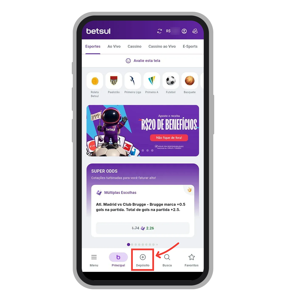 Clique no botão "Depósito" na tela inicial do app Betsul