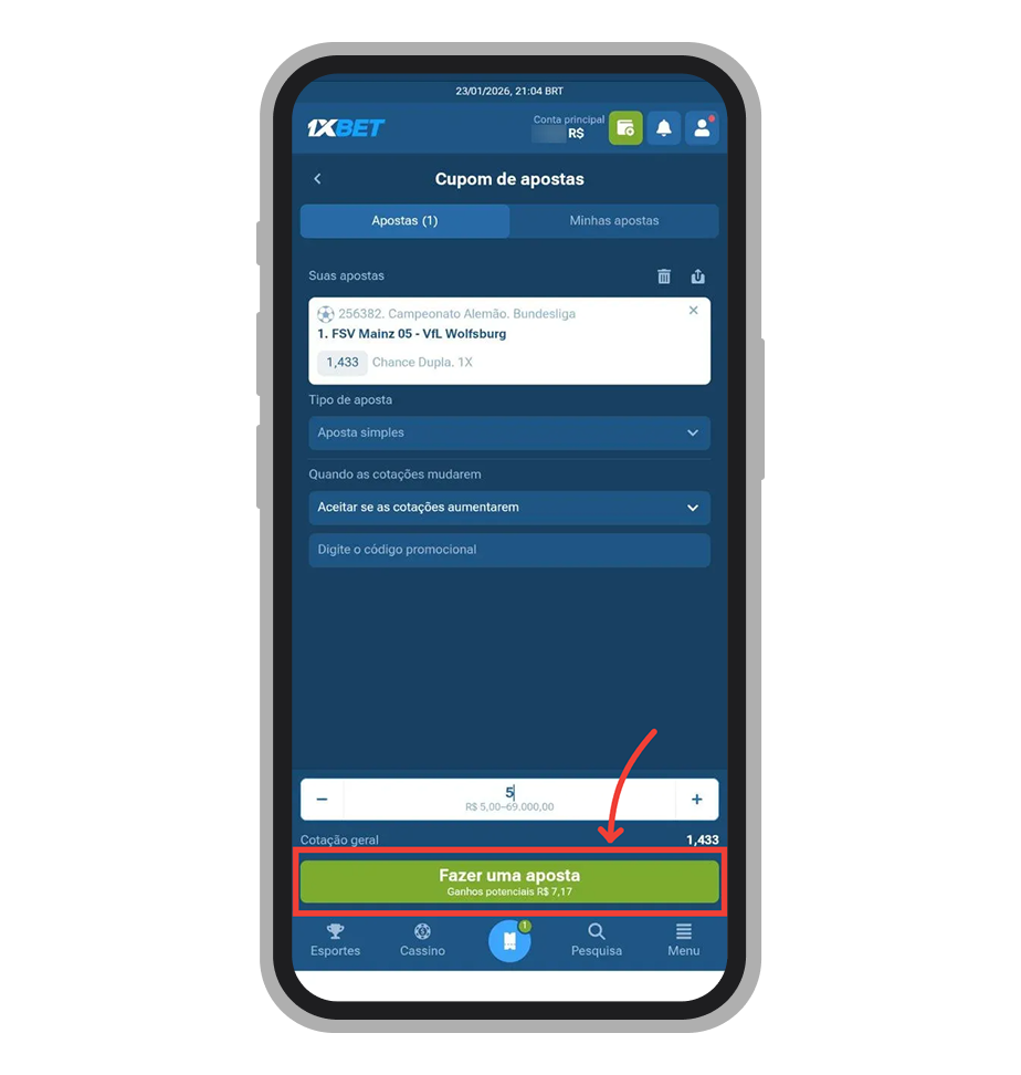 Digite o valor de aposta e confirme