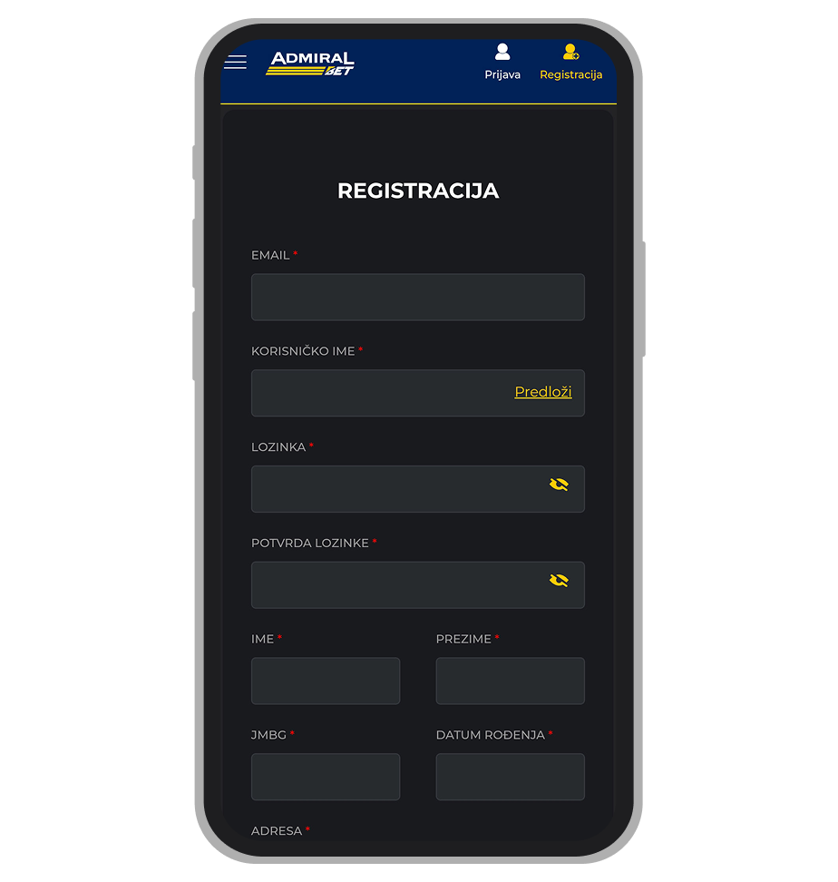 Stranica za registraciju AdmiralBet