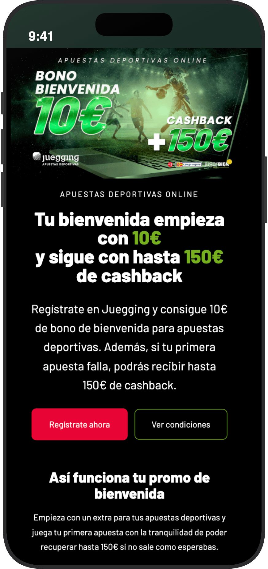 Bono de bienvenida de Juegging para apuestas deportivas con 10 euros gratis y cashback hasta 150 euros