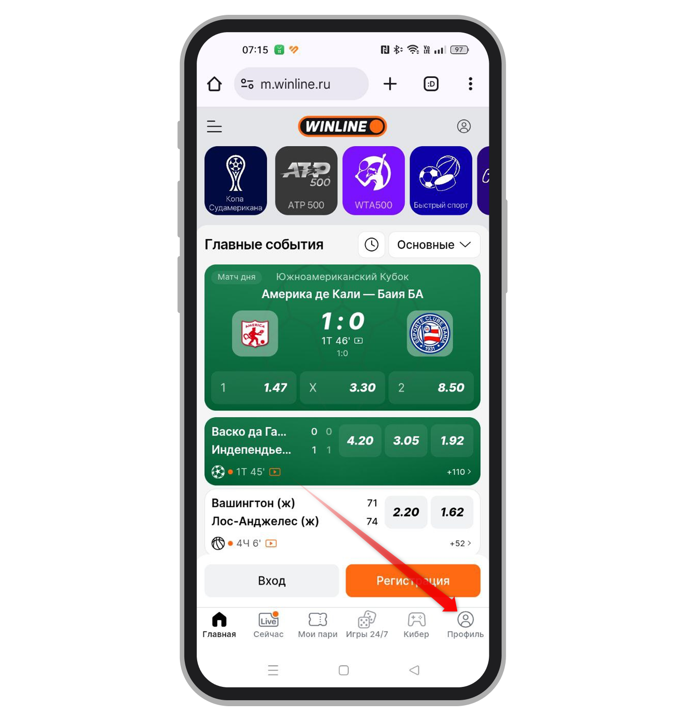 Кнопка «Профиль» на сайте букмекера