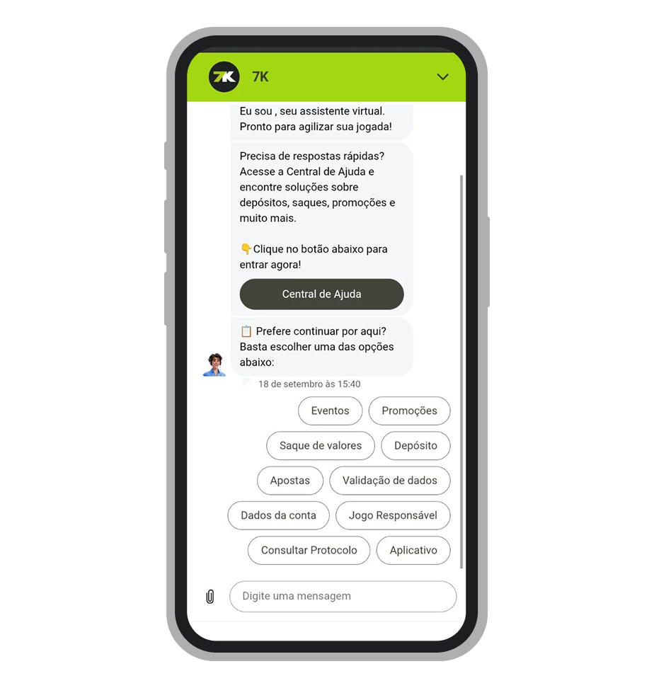 Pode descrever a sua dúvida no chat ao vivo da Bet7K