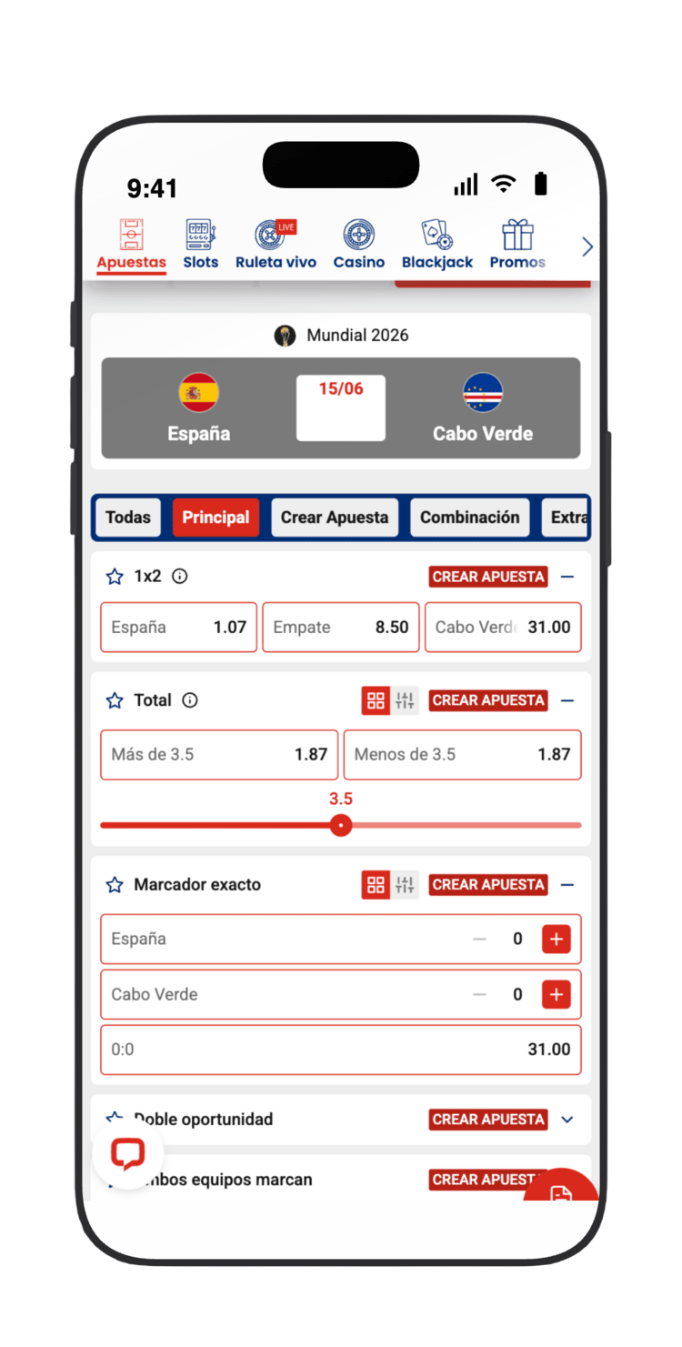 Mercados de España vs Cabo Verde en DAZN Bet