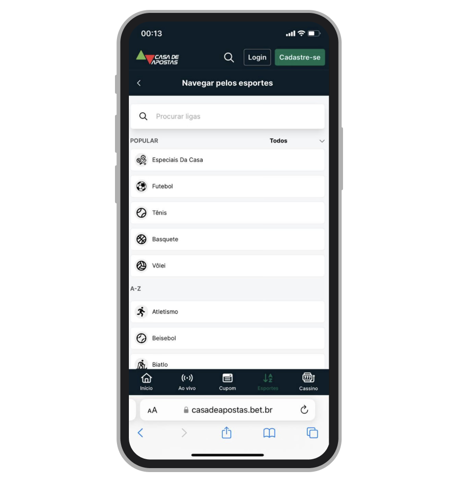 Esportes disponíveis na plataforma