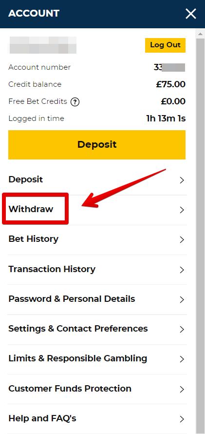 Choose withdraw from the account options