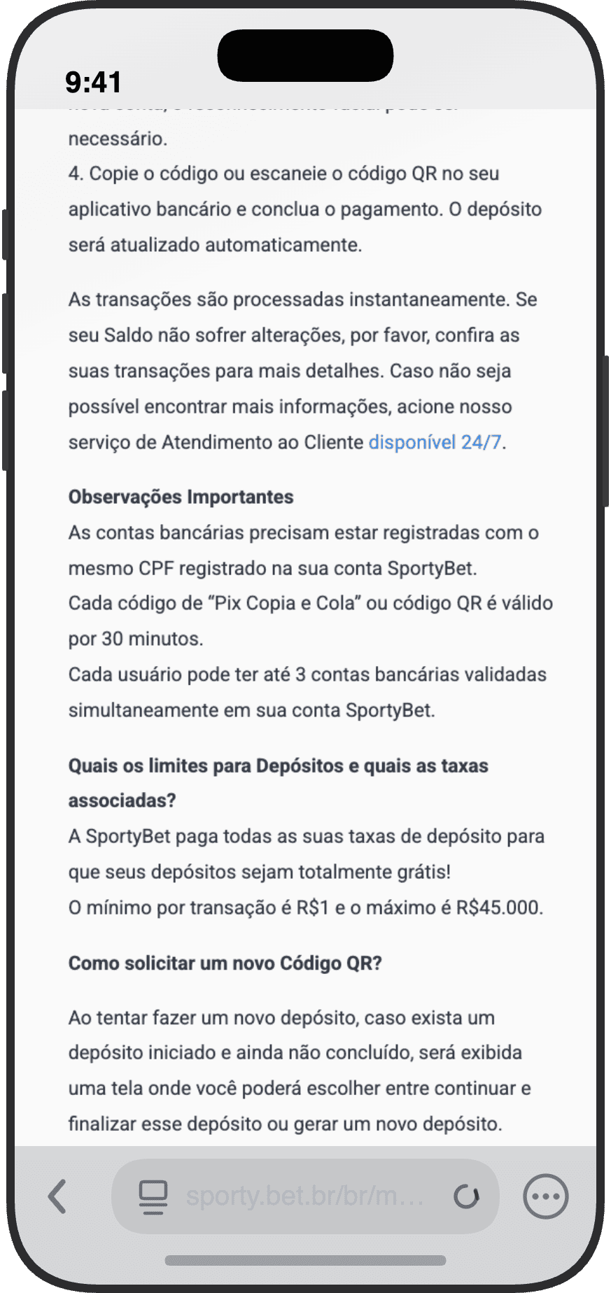 FAQ de depositos da SportyBet com limites de R$1 a R$45.000 via Pix e regras de conta bancaria
