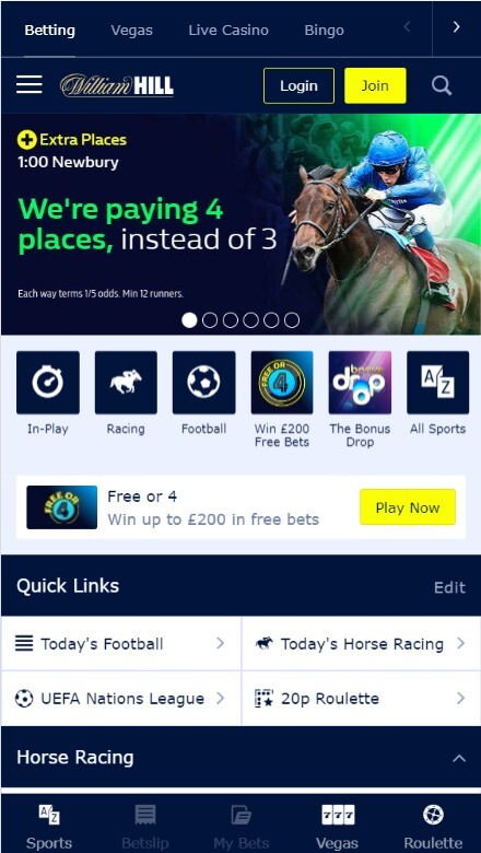 Homepage of William Hill Betting