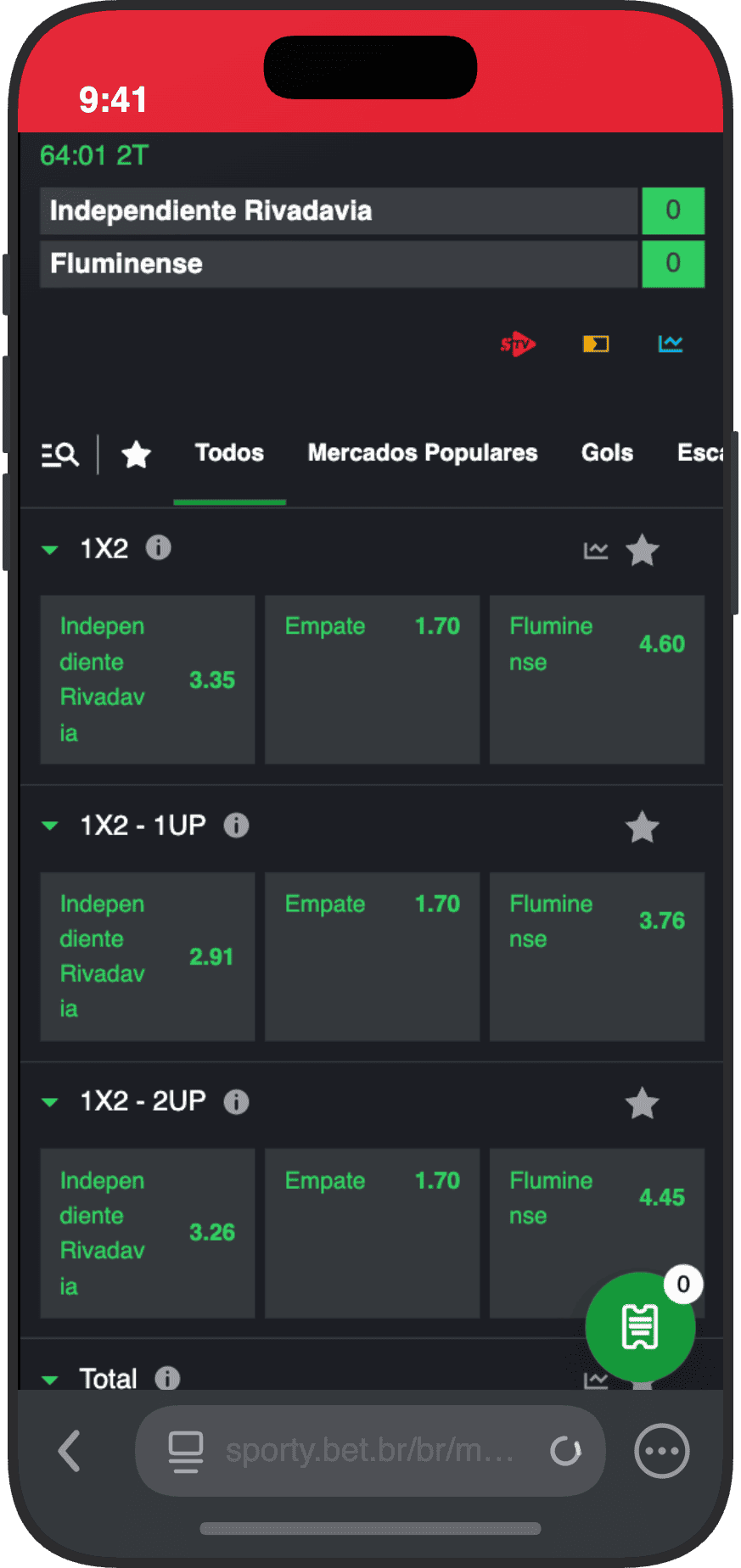 Mercados de futebol ao vivo na SportyBet com 1X2 padrao e opcoes 1UP e 2UP
