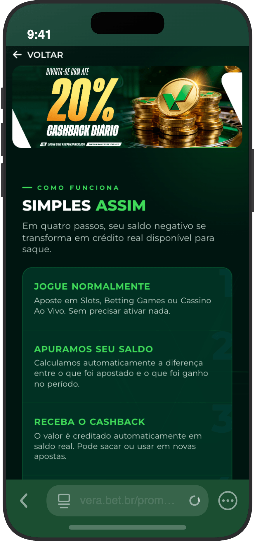 Mecânica do cashback diário da Vera.bet em quatro passos com até 20% de reembolso em saldo real