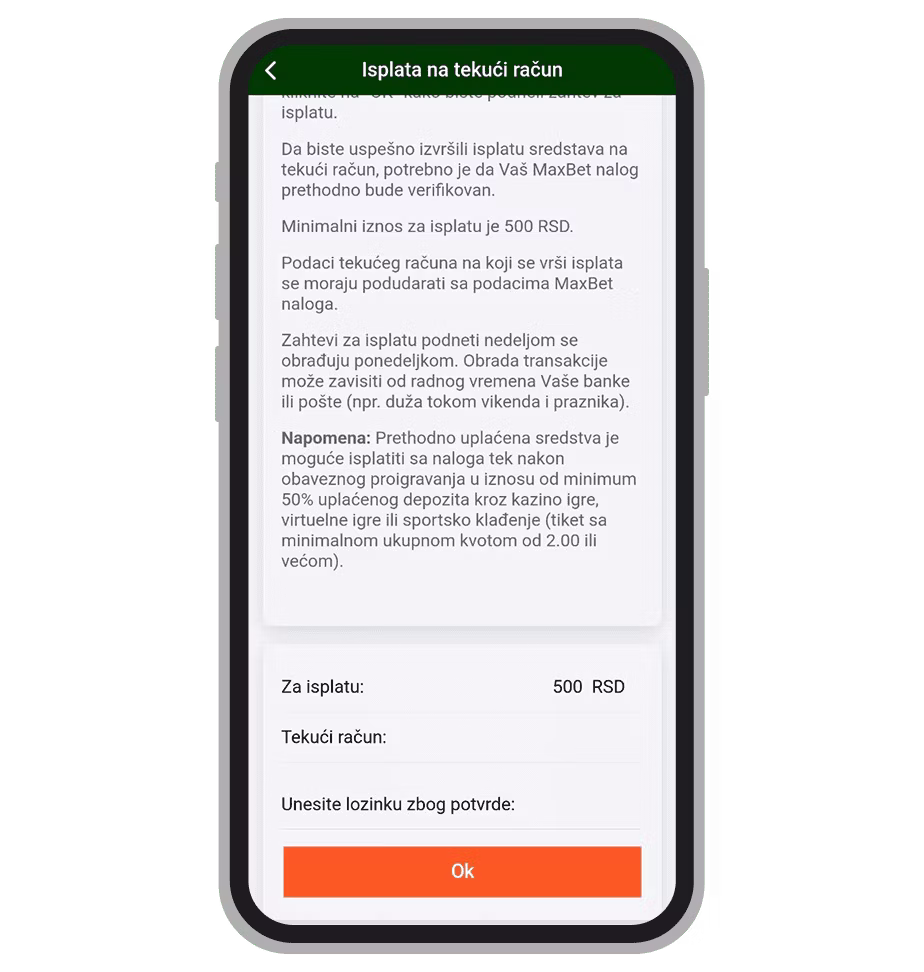 MaxBet formular za isplatu na tekući račun
