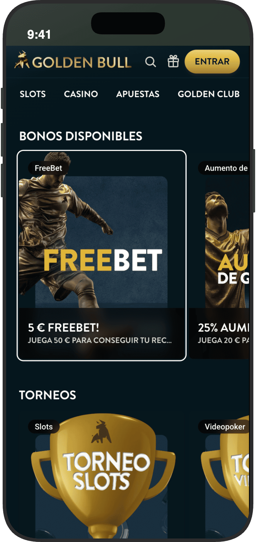 Sección de bonos disponibles y torneos de slots y videopoker en la plataforma Golden Bull España