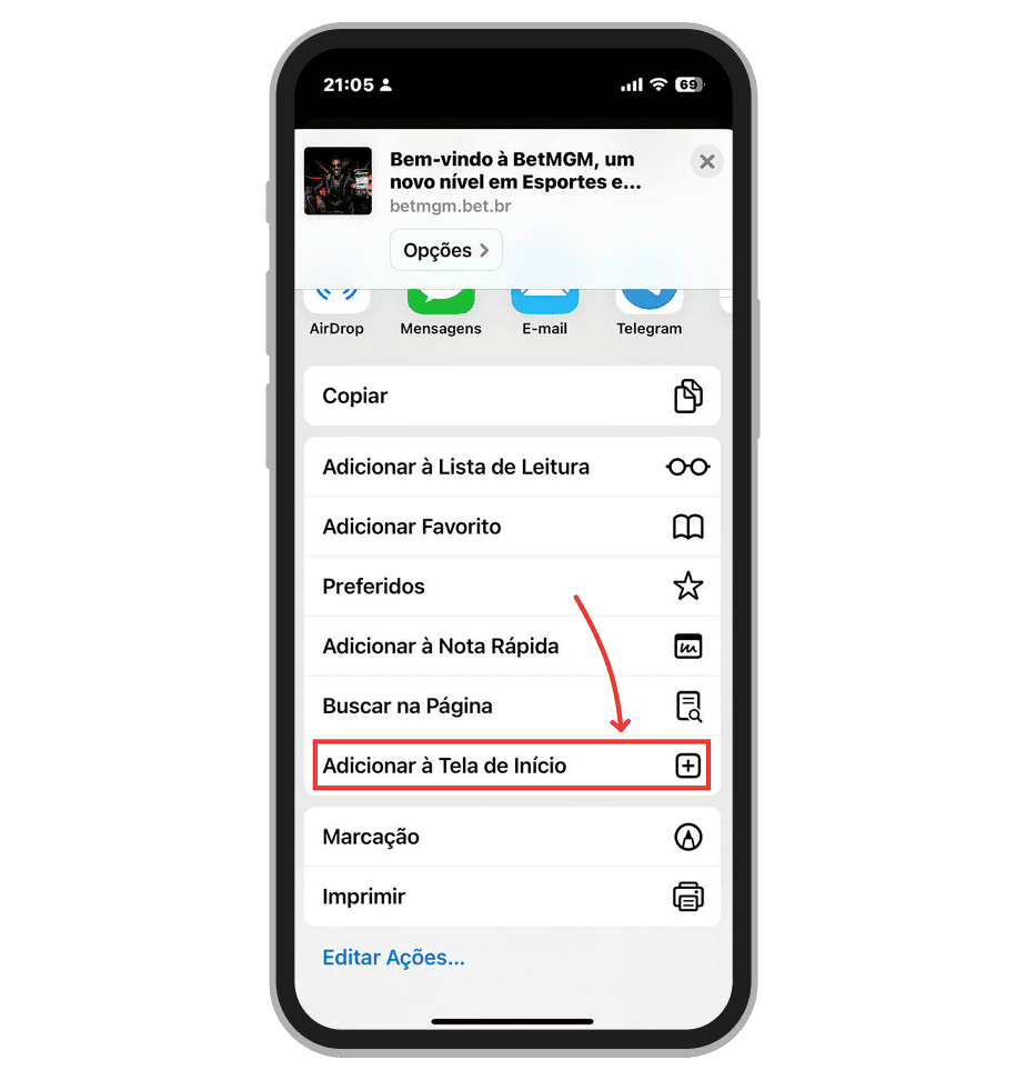 Escolha a opção “Adicionar à Tela de Início”
