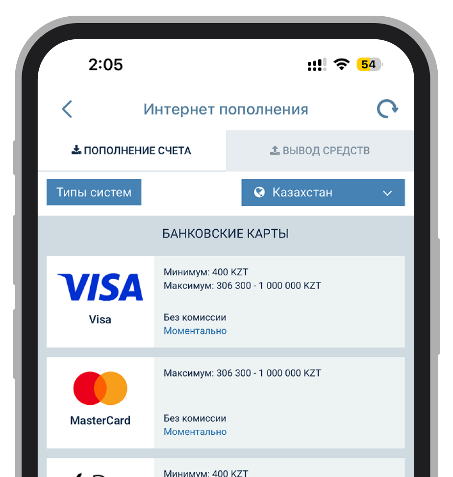 Страница доступных методов пополнения на 1 икс бет