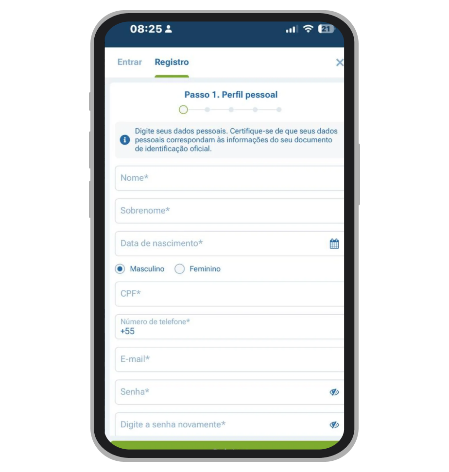 O formulário de cadastro da 1xBet