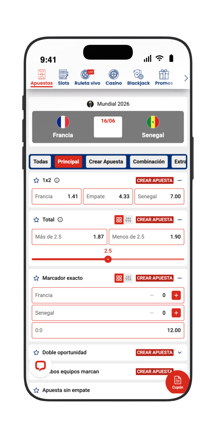 Mercados de Francia vs Senegal en JOKERBET: 1X2 (Francia 1.41, Empate 4.33, Senegal 7.00), más/menos de 2.5 goles y marcador exacto