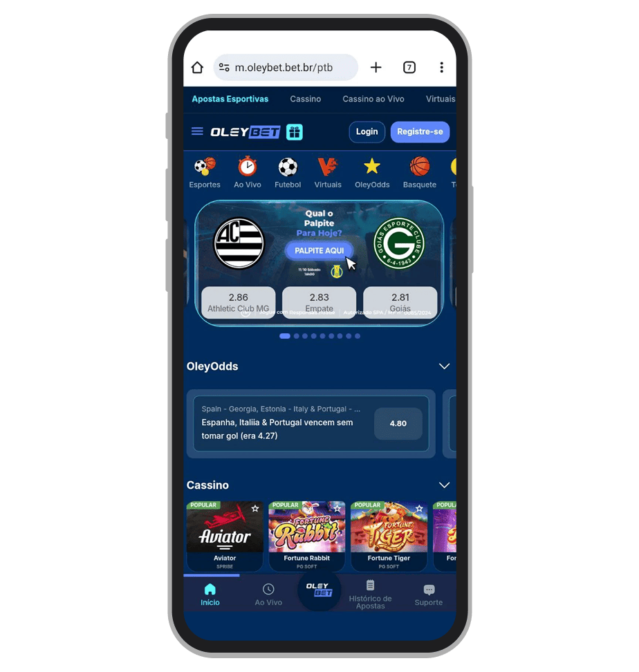 O site mobile da Olaybet aberto no dispositivo Android