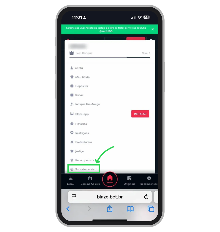 Selecione a opção de "Suporte ao Vivo" para iniciar a interação direta com a plataforma