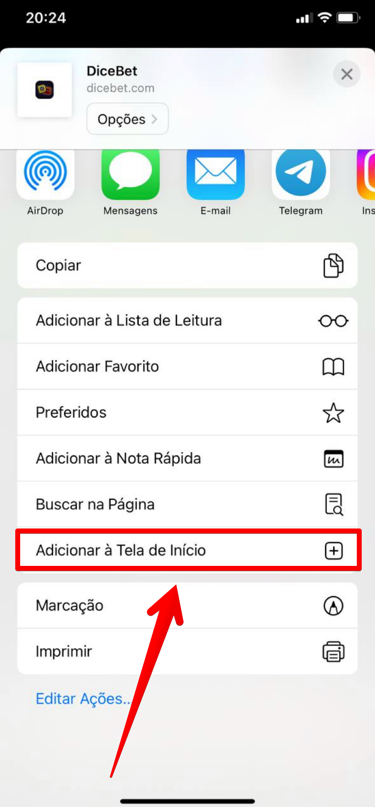 Adicionar a tela de inicio