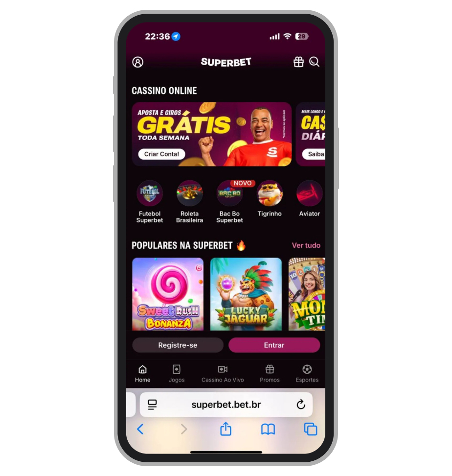 Tela inicial do cassino Superbet mostrando login, registro e acesso rápido aos jogos e promoções diárias