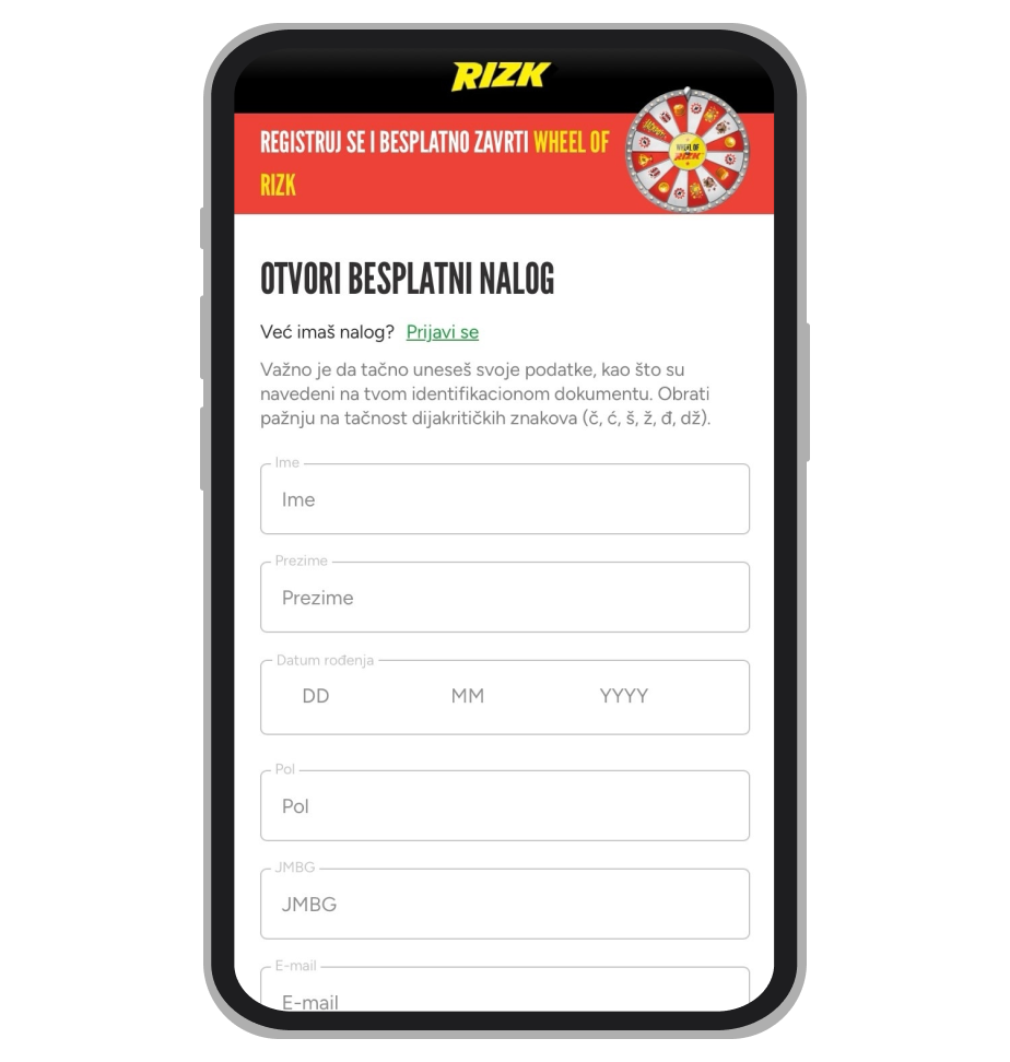 Rizk formular za registraciju