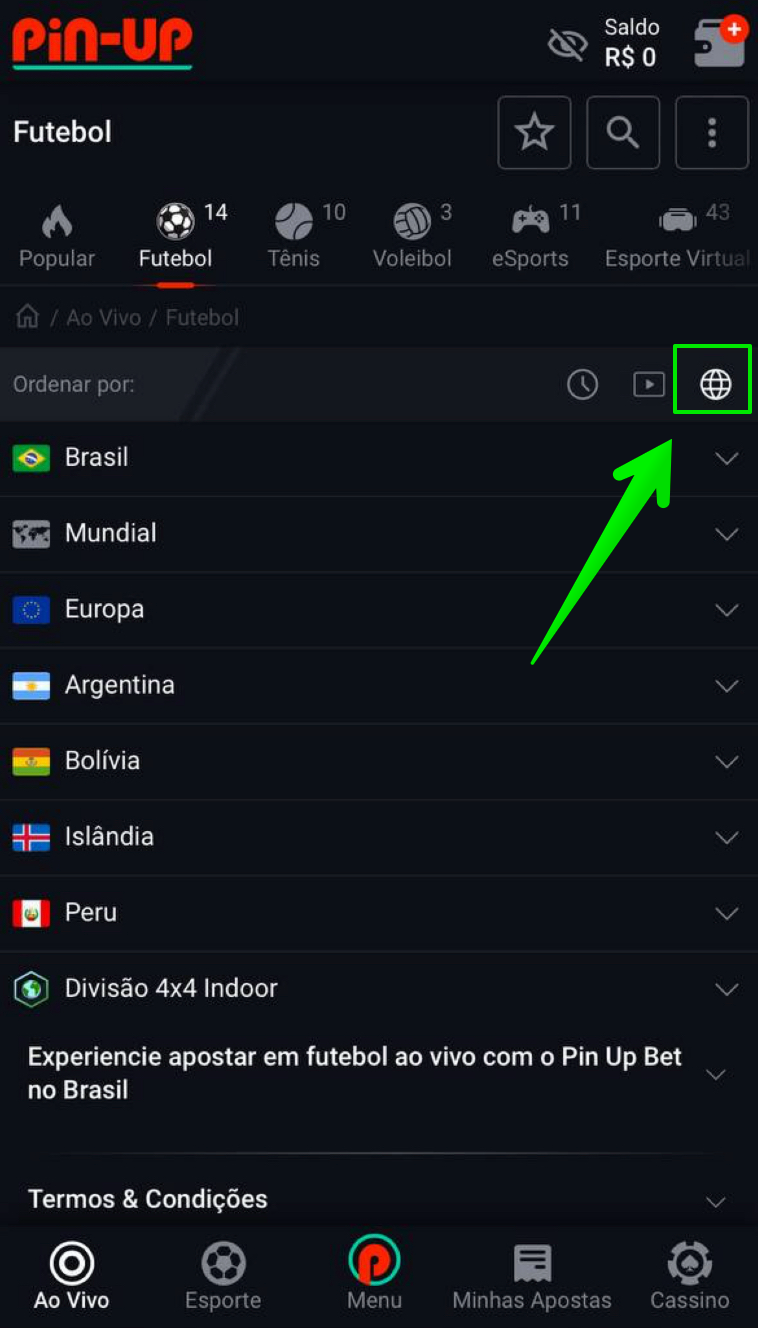 Clique na imagem de globo para escolher entre ligas de diferentes países