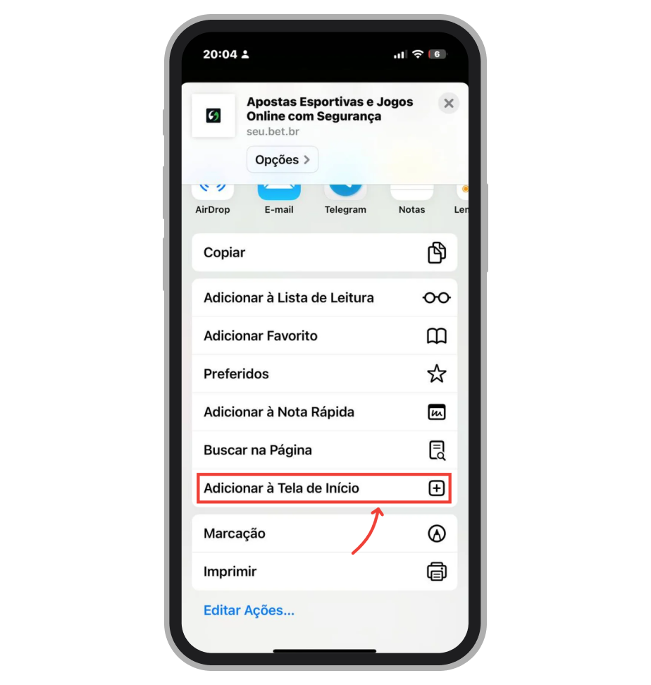 Opte por “Adicionar à Tela de Inicio” 