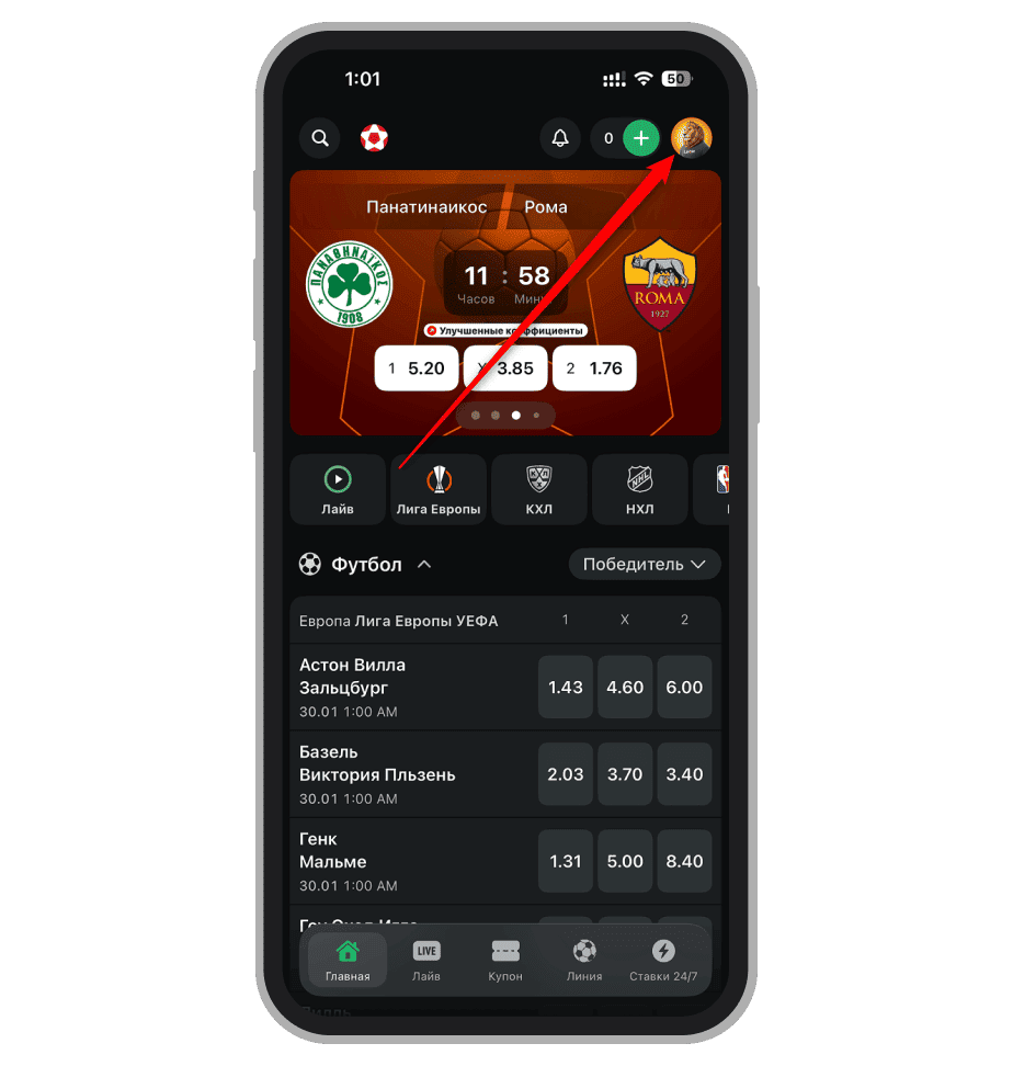 Доступ в личный кабинет в приложении