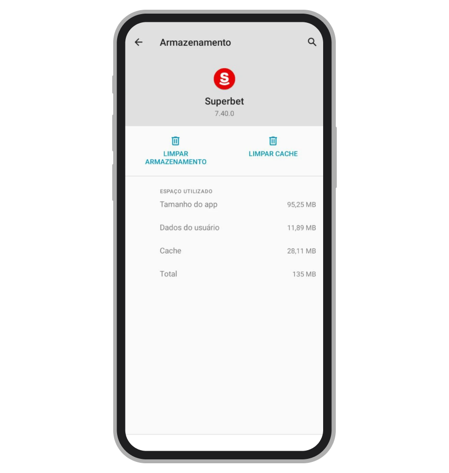 O app da Superbet ocupa quase 100 MB na memória de celular 