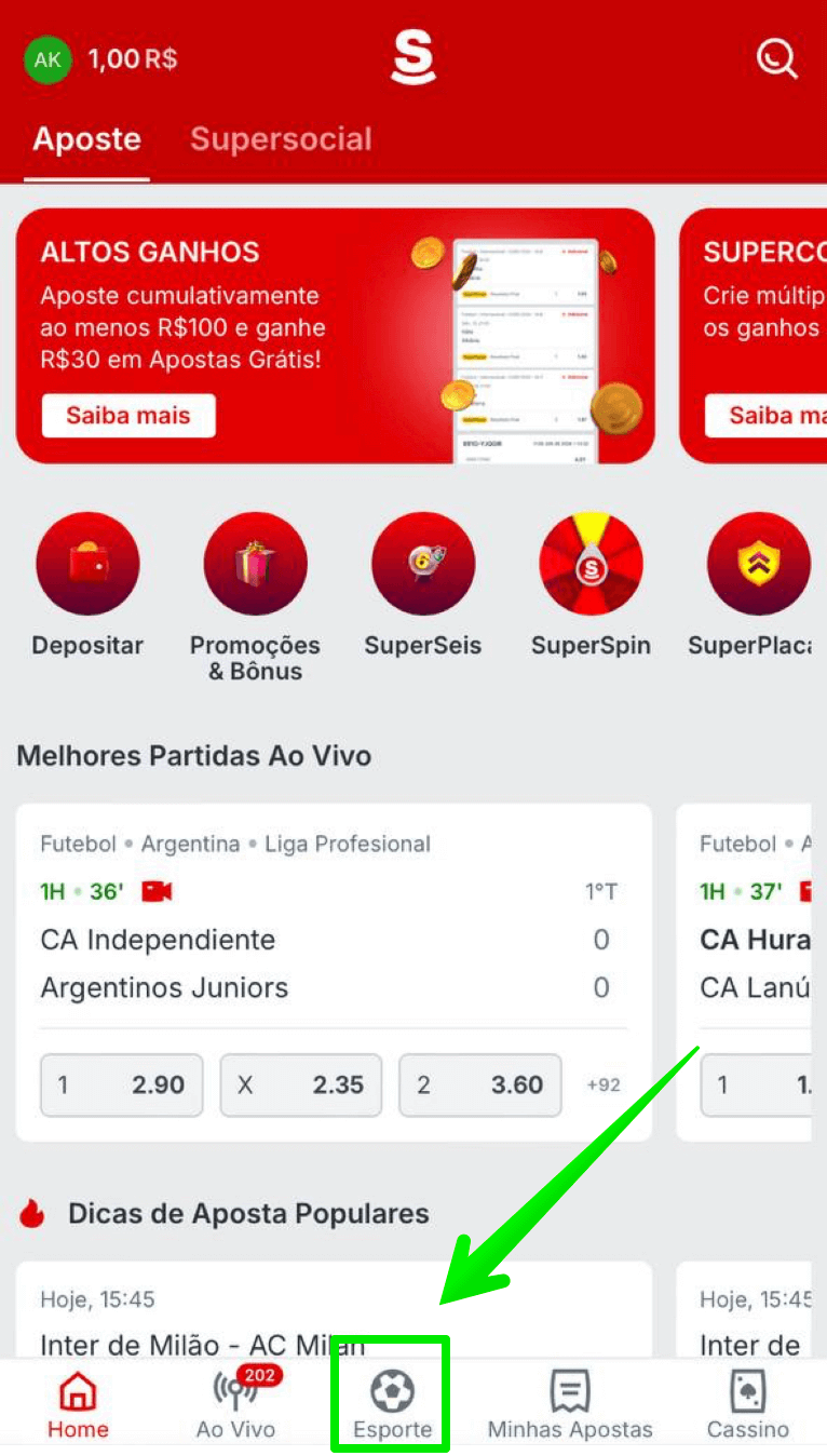 Acesse a plataforma Superbet e clique em “Esporte”