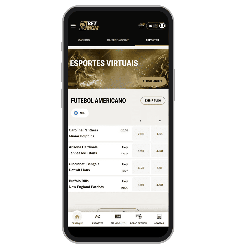 Oferta de apostas em esportes virtuais no app da BetMGM é grande