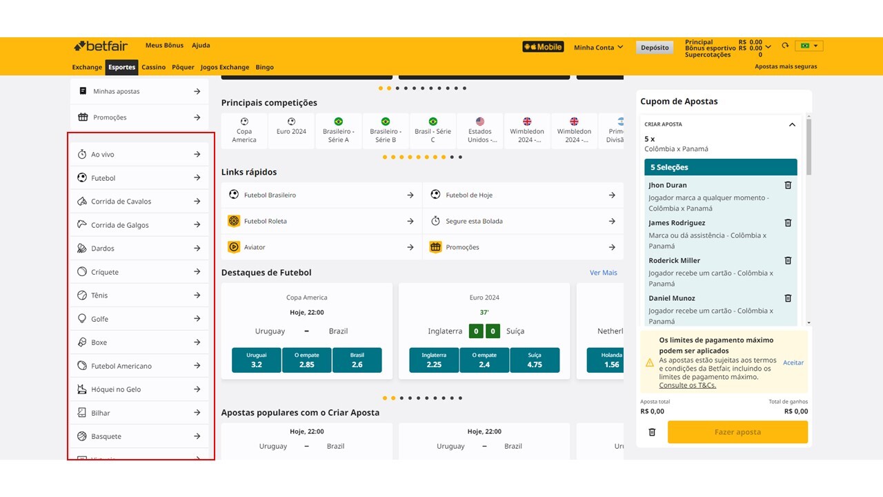 Escolha um esporte Betfair