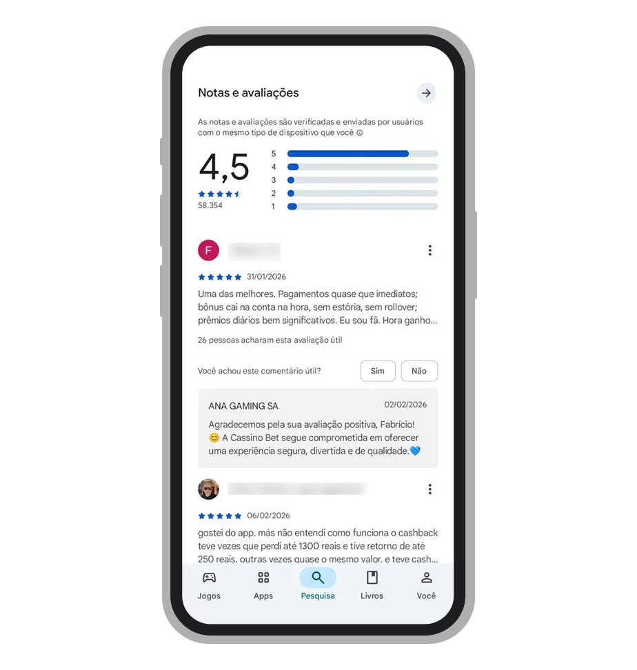 Avaliações de usuários do app Cassino.bet