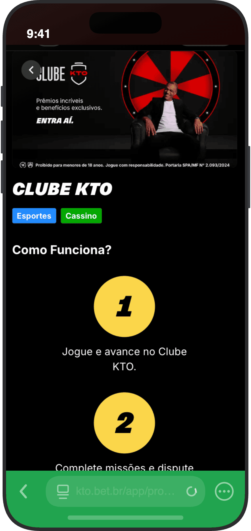 Programa Clube KTO com missões e torneios para esportes e cassino com passo a passo