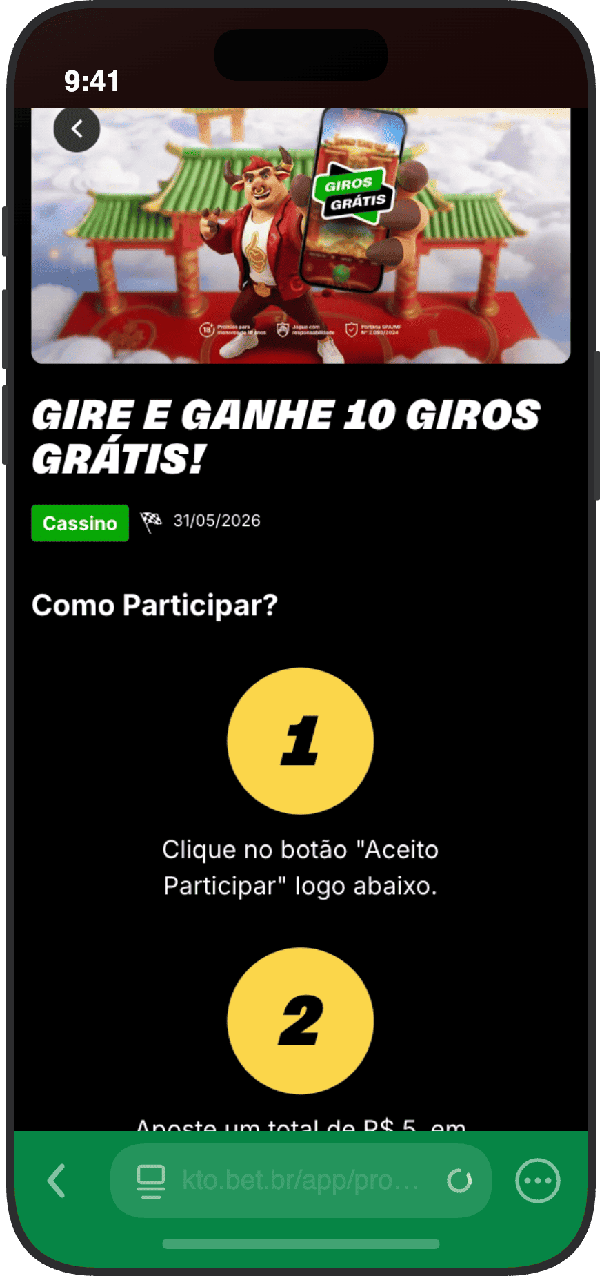 Promoção Gire e Ganhe 10 Giros Grátis no cassino KTO com aposta mínima de R$ 5