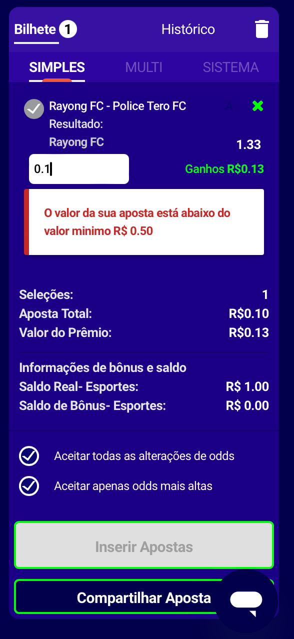 Aposta minima aceita na BetEsportes da Sorte é de R$0,5 