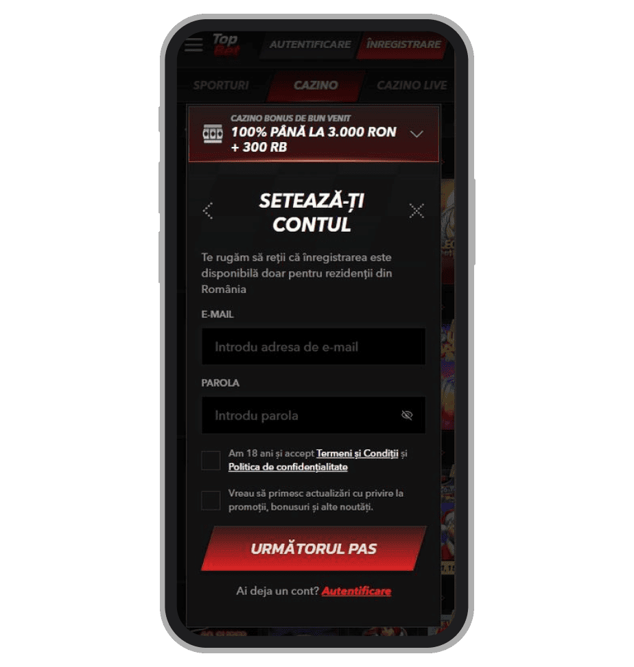 Introducerea adresei de e-mail și selectarea unei parole