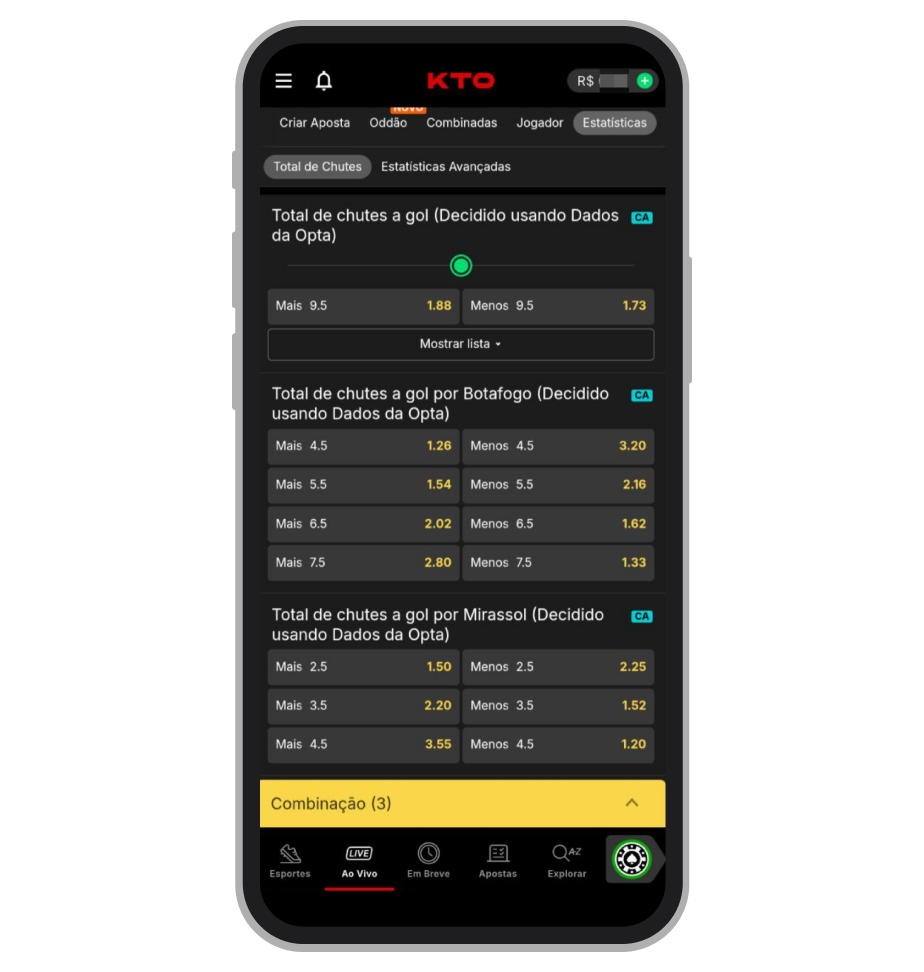 Apostas em estátisticas na KTO app