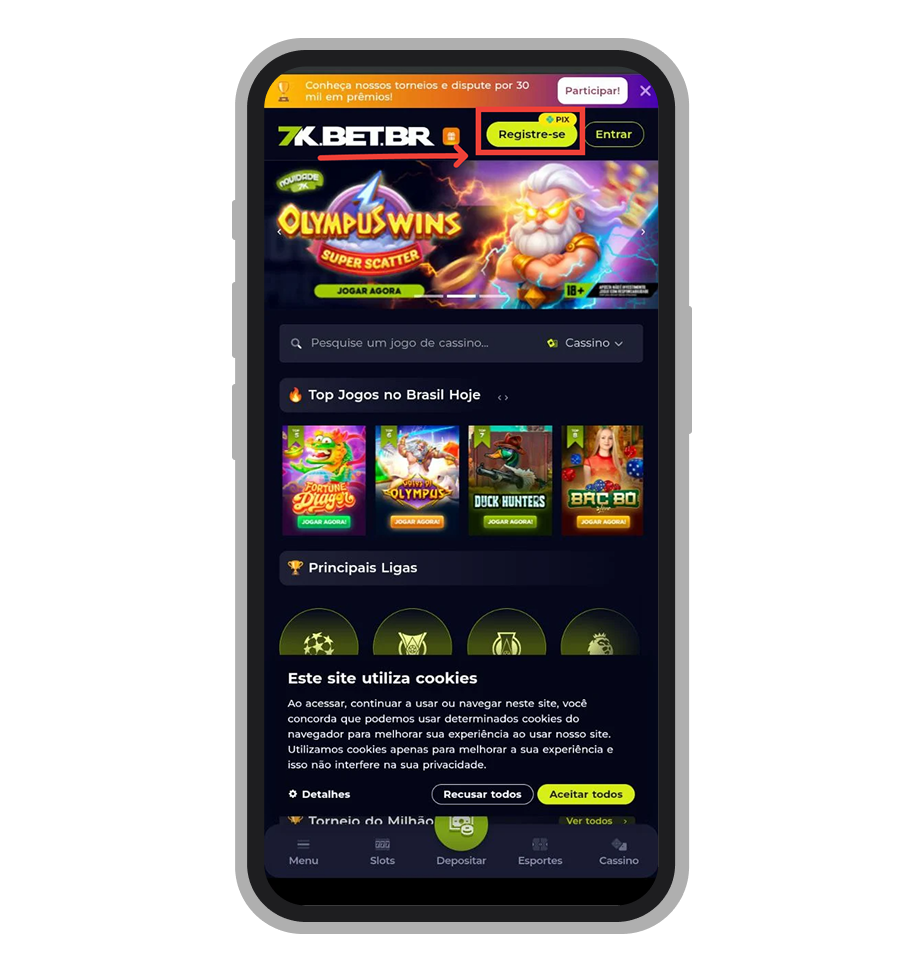 Toque em “Registre-se” na tela inicial do app 