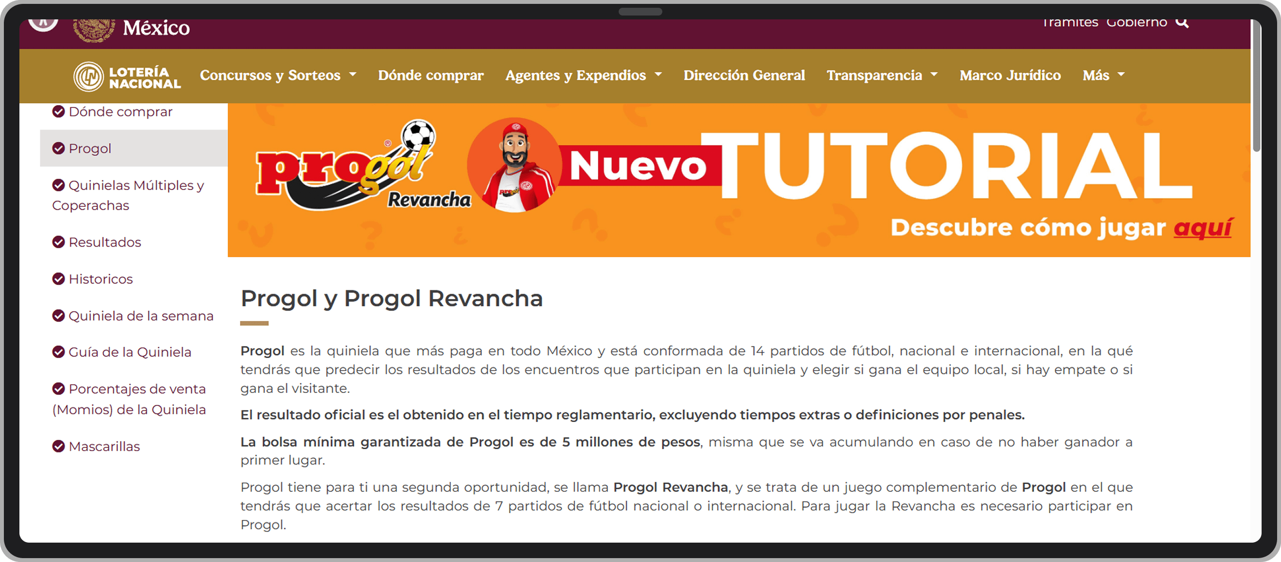 La página web oficial de la quiniela Progol