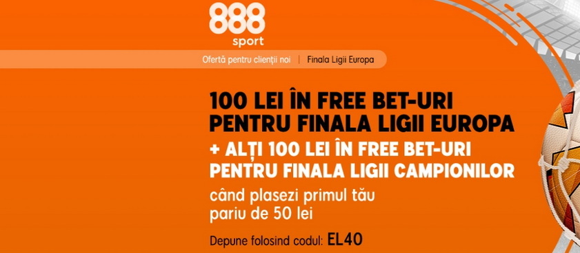 Profită acum de promoţia de la 888 Sport: 100 lei în free bet-uri pentru finala Europa League!