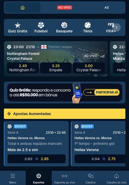 Seção de apostas esportivas na Estrela Bet