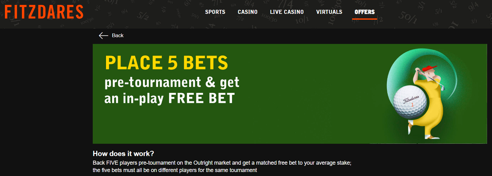 Fitzdares golf betting Free bet offer