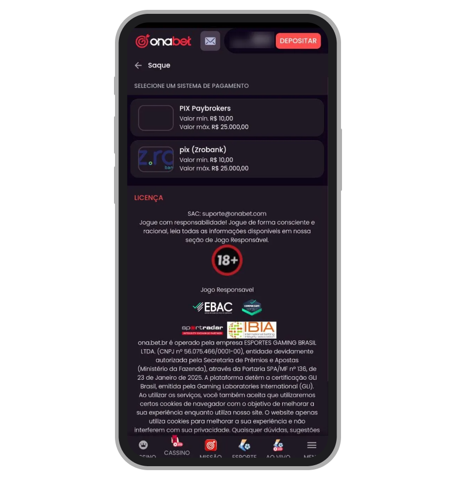 Tela de Saque com escolha do sistema Pix (Paybrokers ou Zrobank) e limites informados (mín./máx.)
