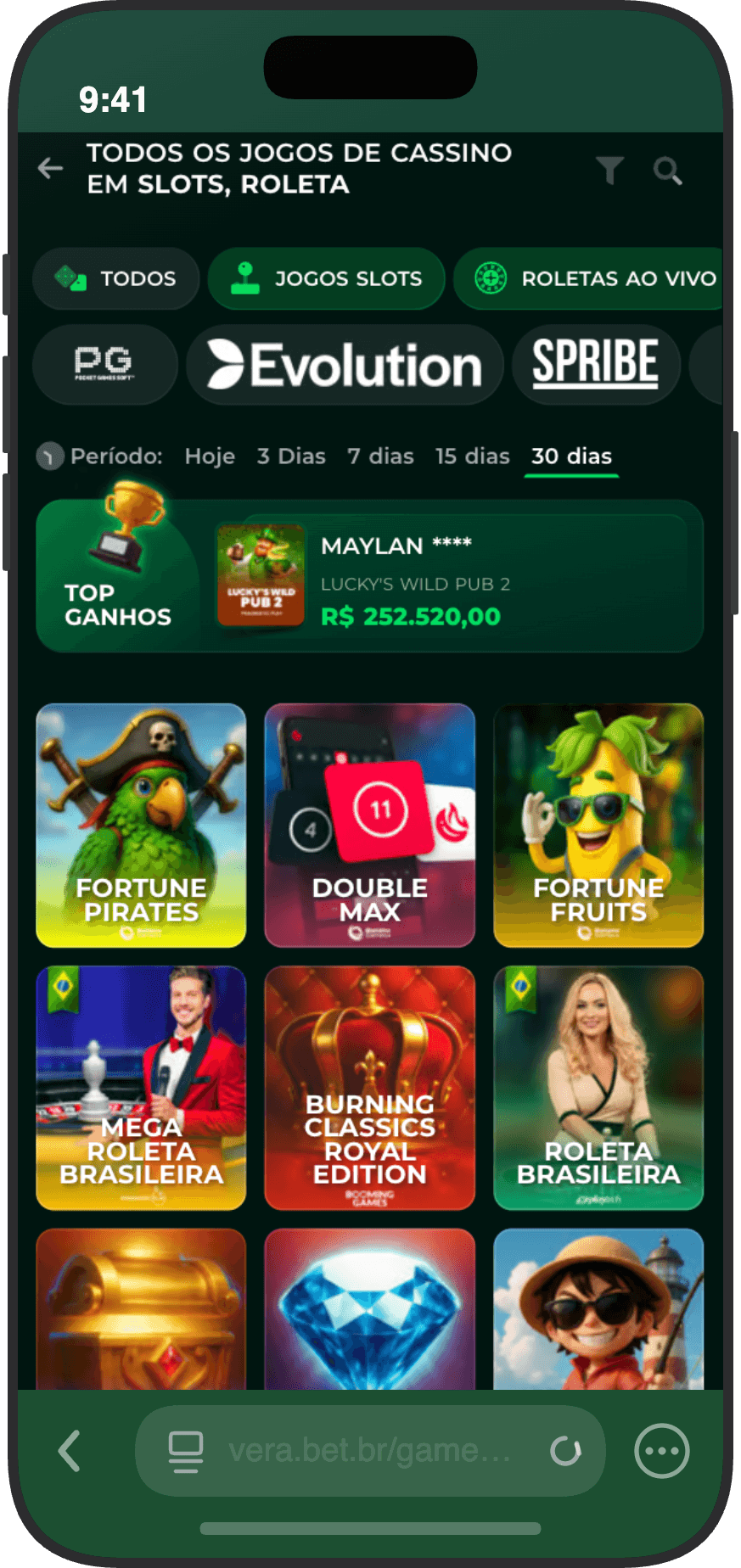 Catálogo de cassino da Vera.bet com filtros por slots e roletas ao vivo, provedores e ranking de top ganhos em 30 dias